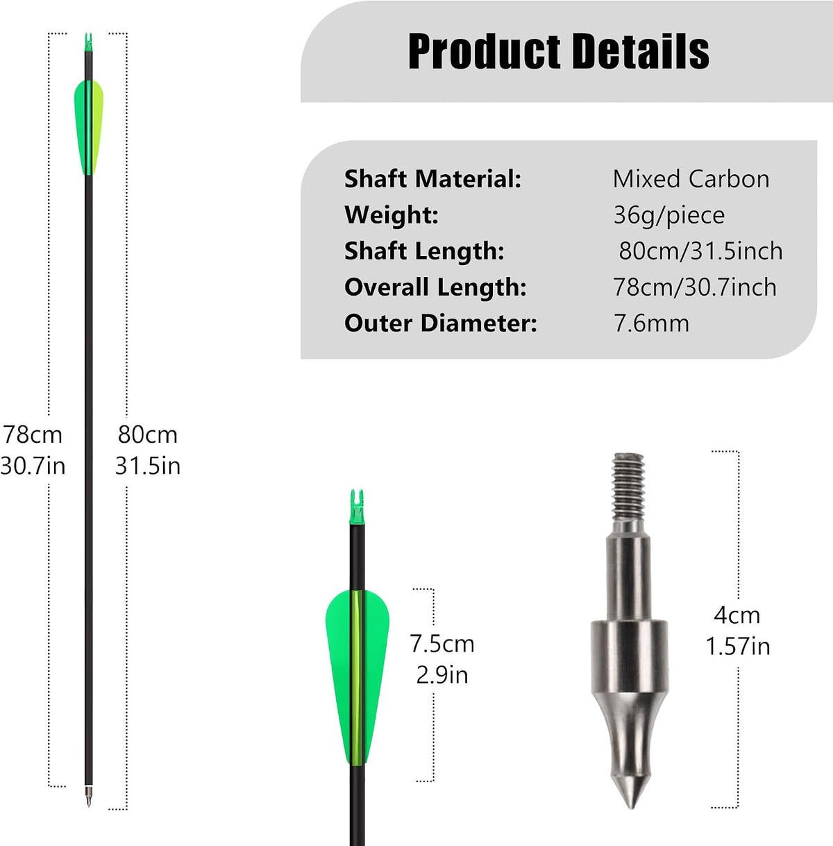 14 Pack 30" Archery Carbon Arrows,Practice Hunting Arrow with Removable Tips Shaft Spine 500 Suitable for Recurve Bows