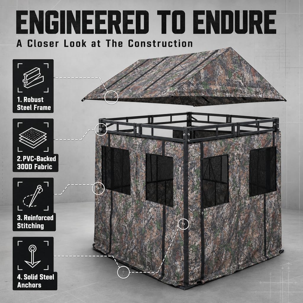Hunting Blind for Deer Hunting – Heavy-Duty Steel Frame, 8 Shoot-Through Windows, Durable 300D Oxford Fabric, Full Visibility Ground Blind for Bow and Gun Hunters
