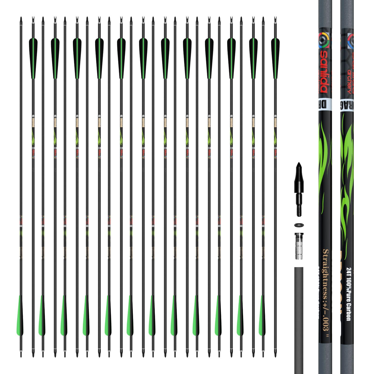 Sanlida Dragon 10/9/8 Hunting Carbon Arrows for Compound Bows, 12/24 PCS