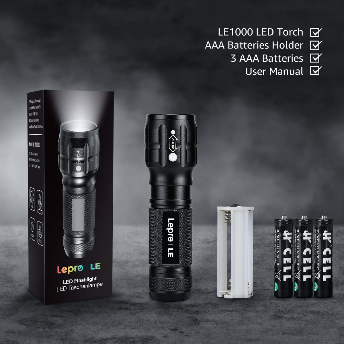 Lepro LED White Light Flashlight, High Lumens Waterproof Adjustable Focus
