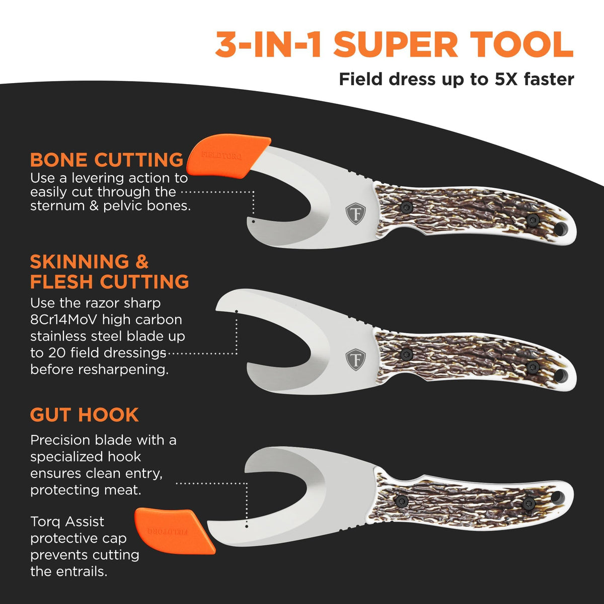 Field Dressing Kit | 3-in-1 Super Tool with Sheath & Sharpener | Gut Hook | Deer Hunting Knife Set | Pakkawood | Men's Hunting Gift Accessory
