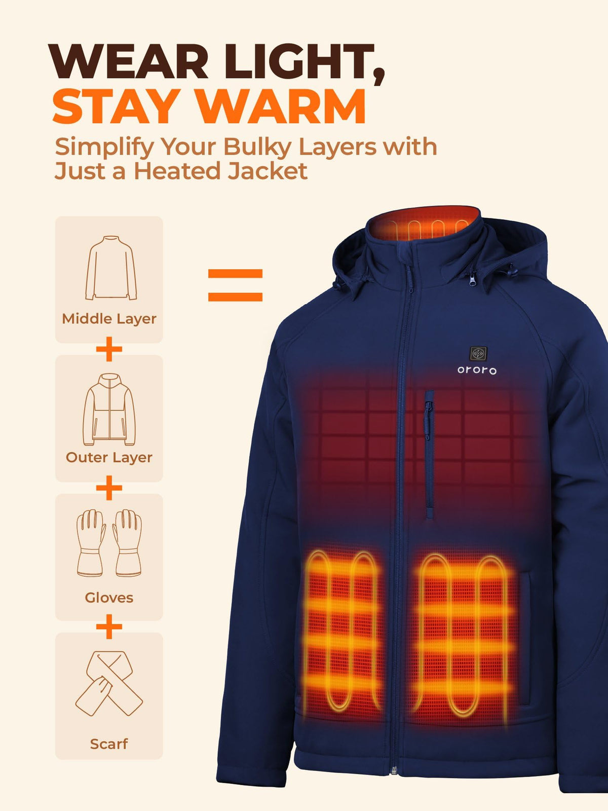 ORORO Men's Classic Heated Jacket, Water Wind Resistant Softshell Jacket