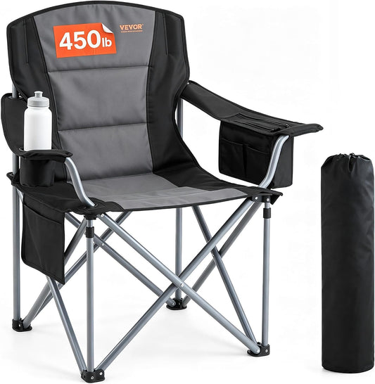 VEVOR Oversized Camping Folding Chair, Portable Heavy Duty Outdoor Quad Lumbar Back Padded with Side Pockets, Cup Holder and Cooler Bag for Beach, Lawn, Picnic, Fishing, Backpacking, Black