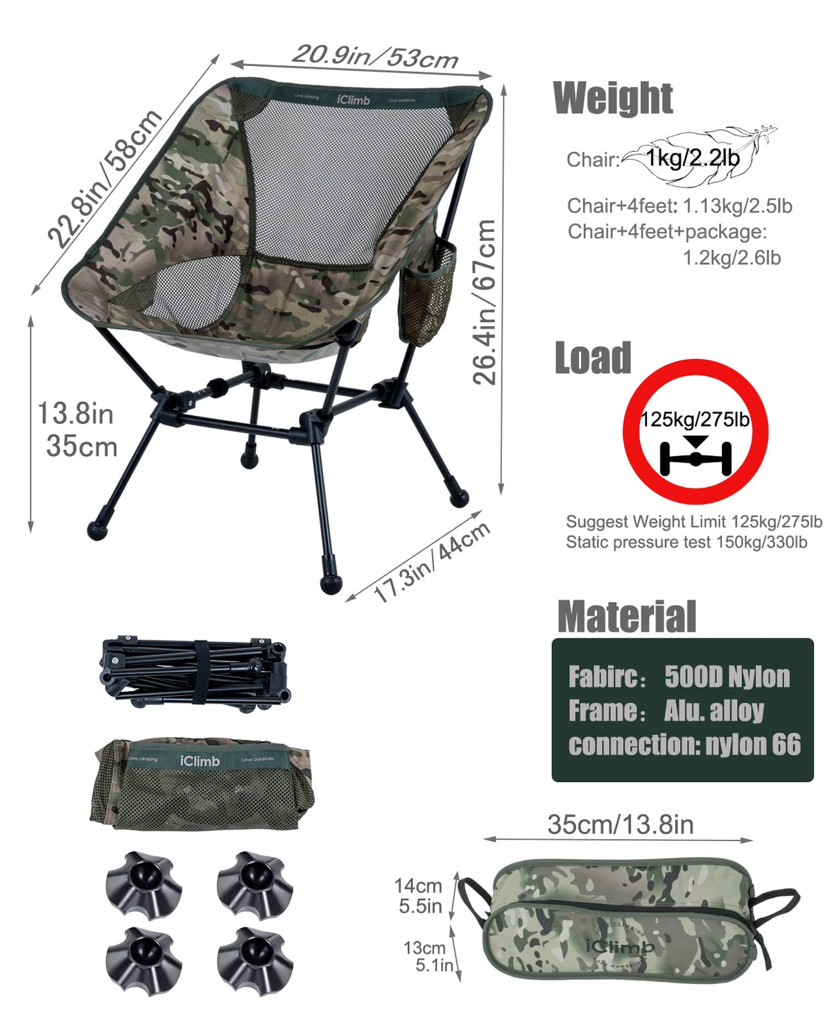 iClimb Ultralight Compact Folding Anti-Sinking Chair, Black