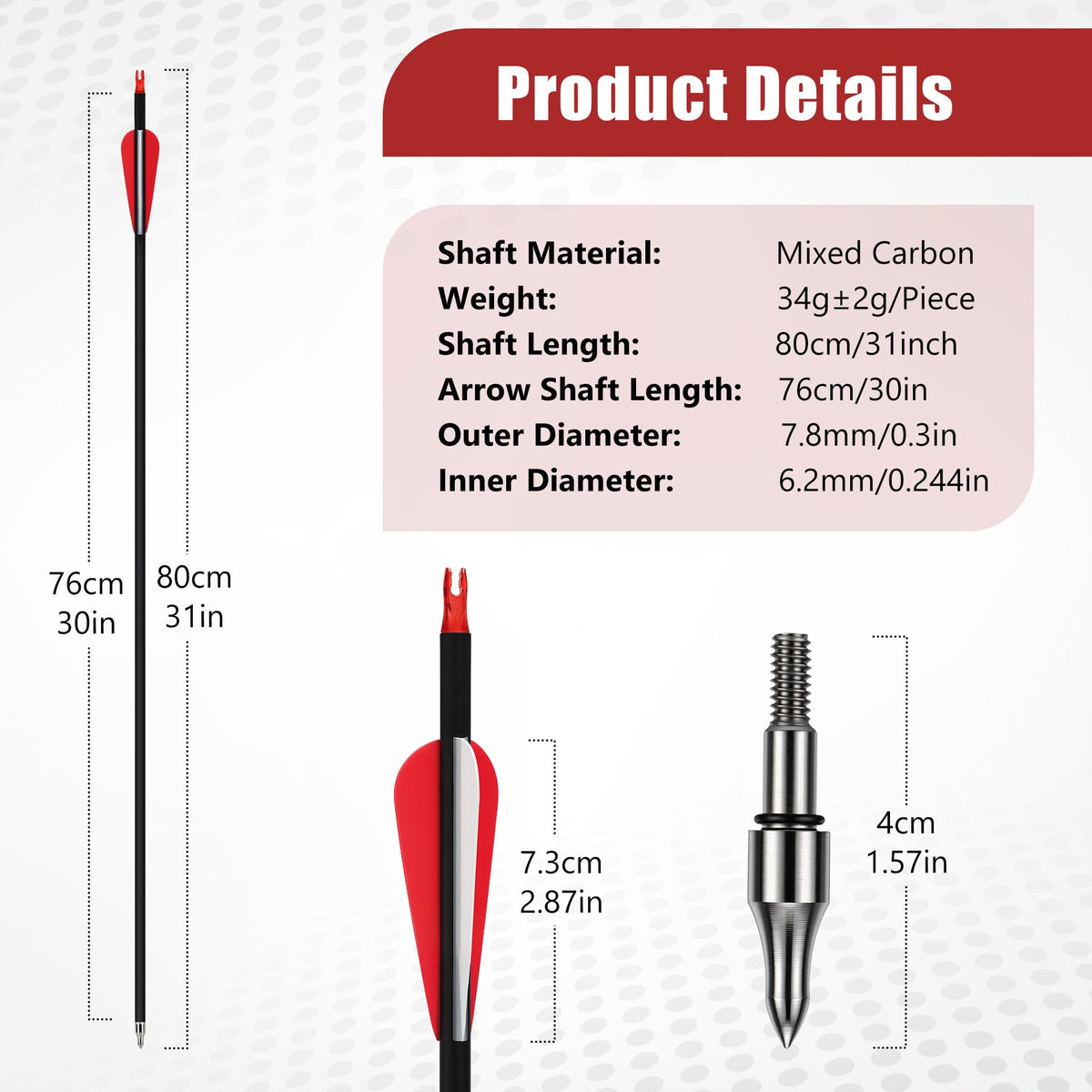 14 Pack 30" Archery Carbon Arrows,Practice Hunting Arrow with Removable Tips Shaft Spine 500 Suitable for Recurve Bows