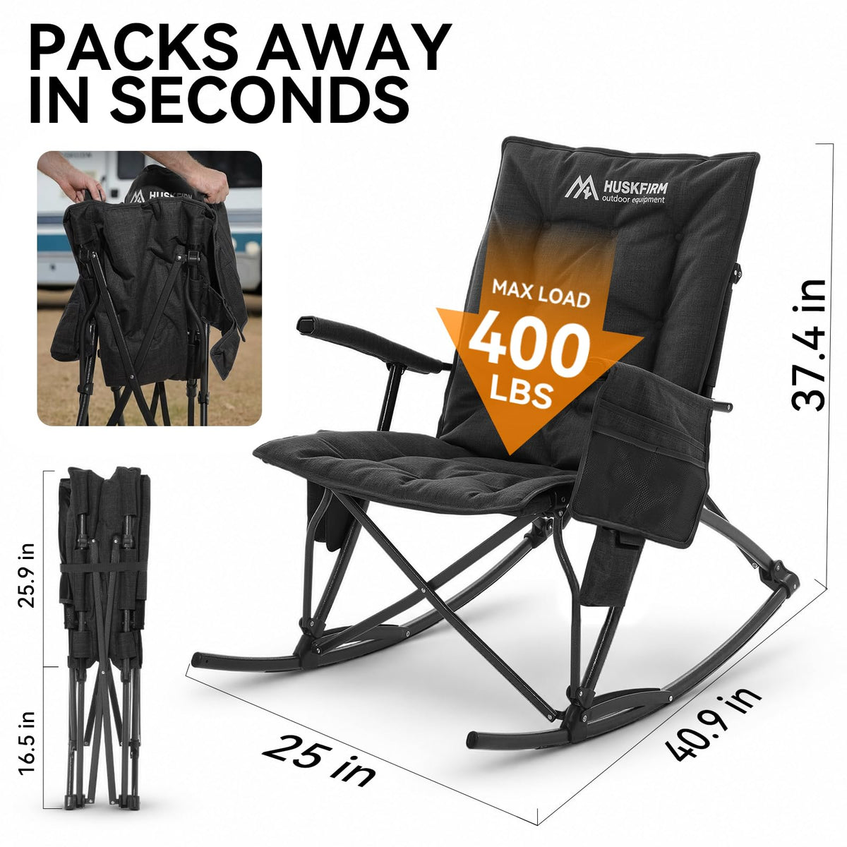 Oversized Folding Rocking Camping Chair, Heavy Duty Rocker Chair, Black