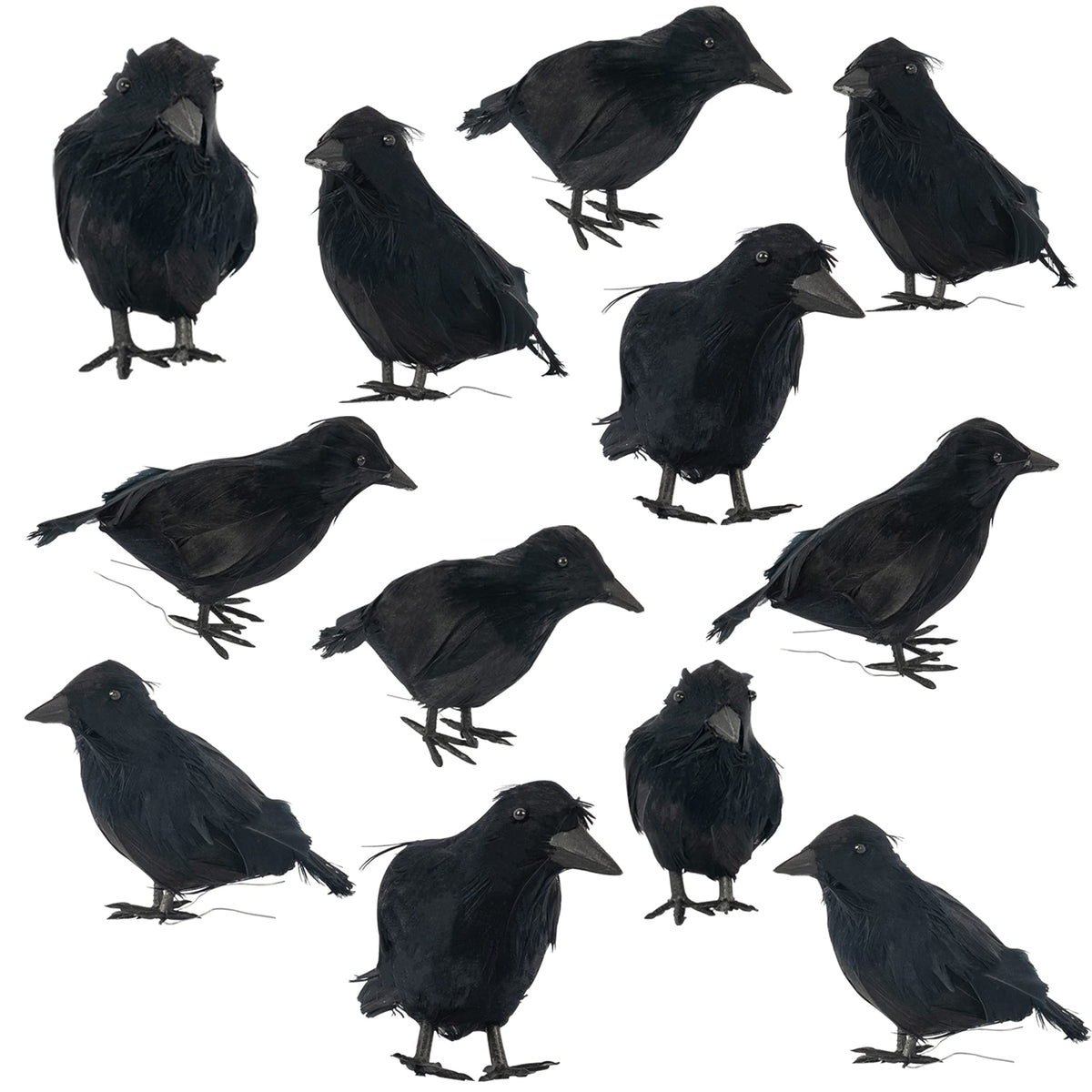 FUNPENY Halloween Black Feathered Crows, 3 Pack Black Crows with Real Feather Halloween Decoration for Indoor Outdoor