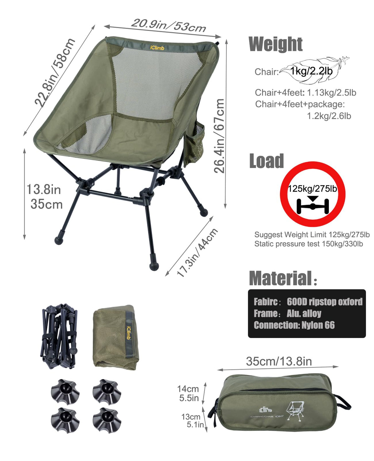 iClimb Ultralight Compact Folding Anti-Sinking Chair, Black