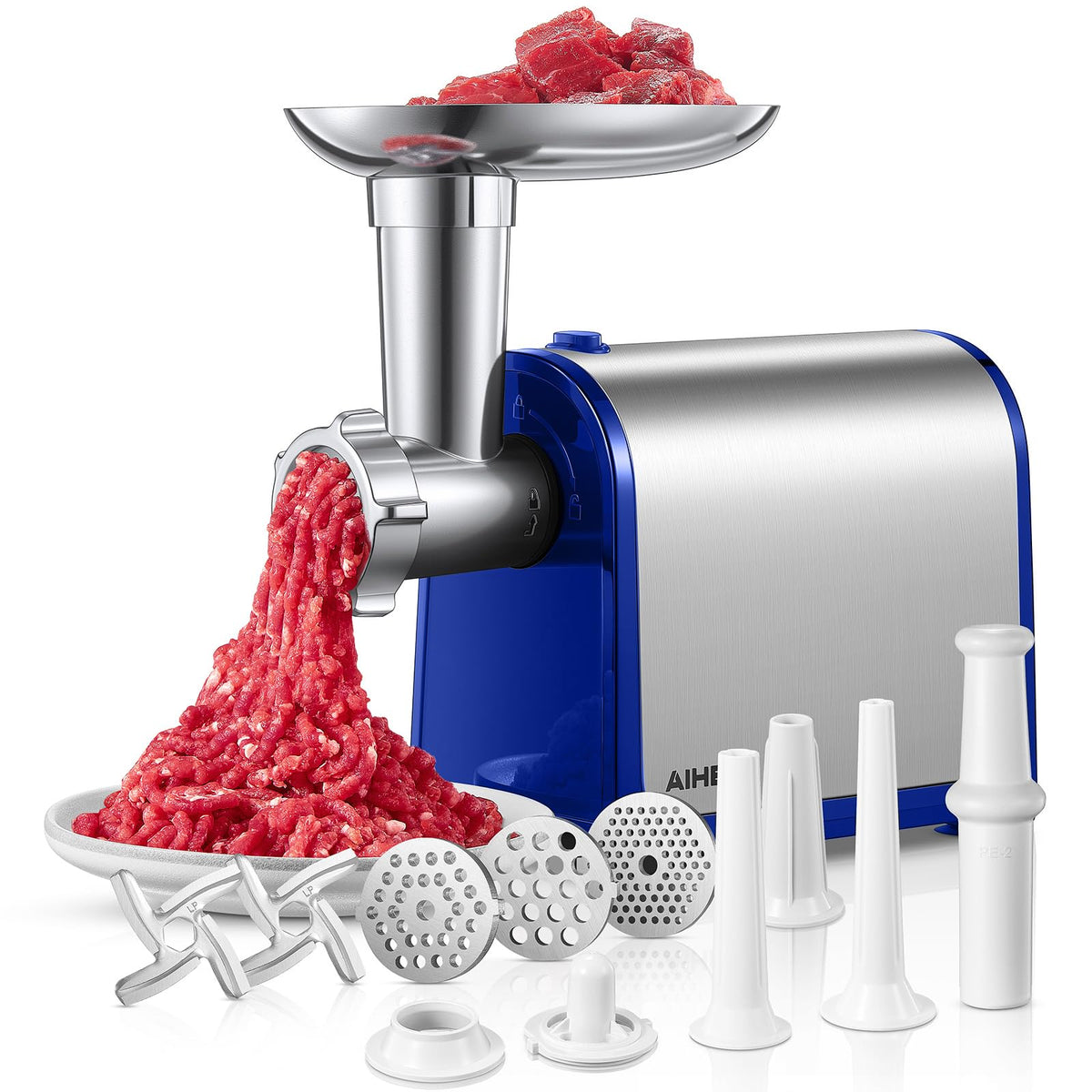 Electric Meat Grinder, Sausage Stuffer with 3 Sausage Tubes, 2 Blades, 3 Plates, 3200W Max, Meat Grinder Heavy Duty for Home Kitchen Use, Stainless Steel (Black)