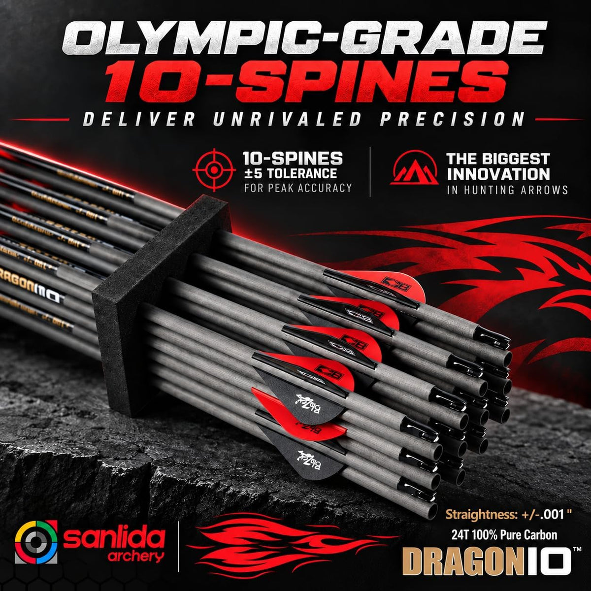 Sanlida Dragon 10/9/8 Hunting Carbon Arrows for Compound Bows, 12/24 PCS