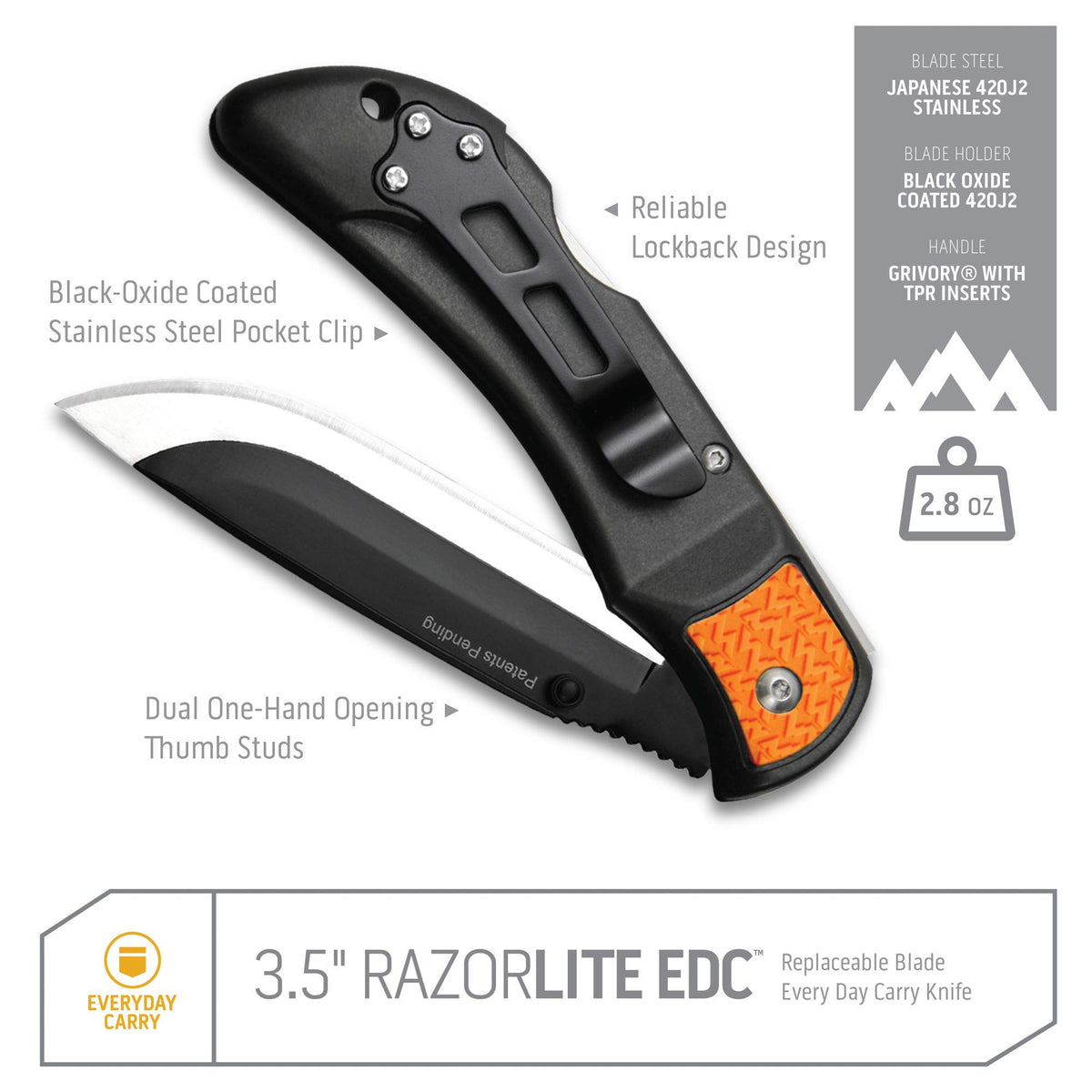 OUTDOOR EDGE 3.5" RazorLite EDC Pocket Knife (Obsidian Black), with Replaceable Blades and Clip, Perfect Carry Knive for Camping, Hunting and Survival, Includes 12 Black Steel Drop Point Blades