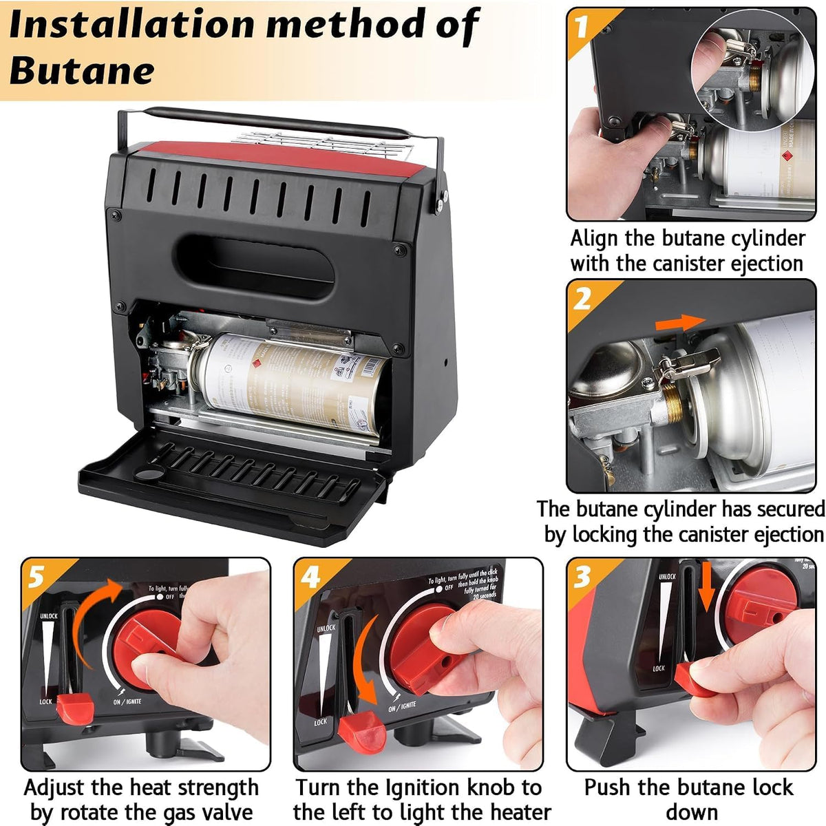 Portable Outdoor Heater with 8FT Hose, 9000 BTU Propane Heater Fuel by Butane/Propane, Self-Ignition, Tip-over&Low-Oxygen Safety Shutoff, Compact Camping&RV Heater for Tents, Hiking(Fuel not included)