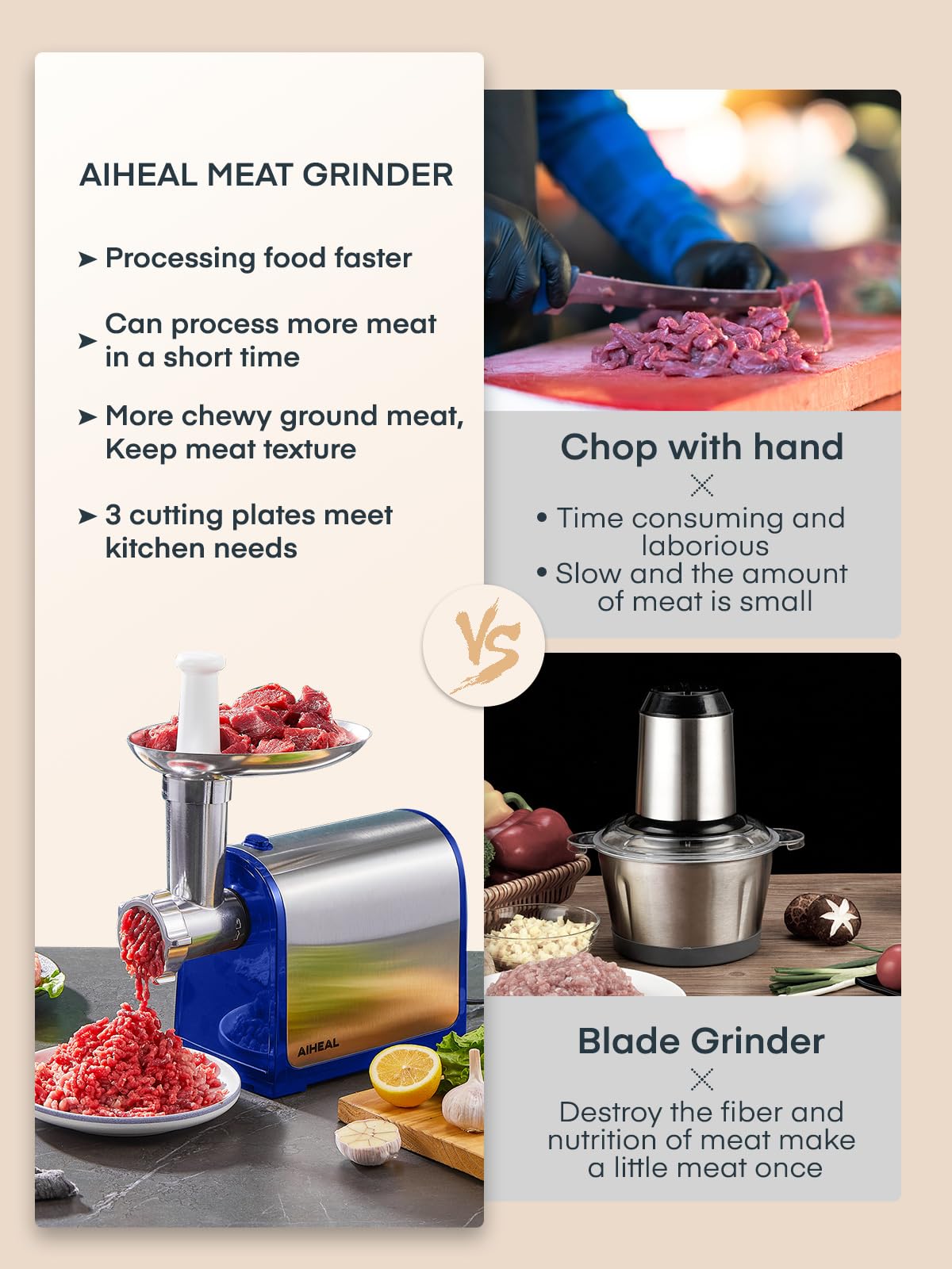 Electric Meat Grinder, Sausage Stuffer with 3 Sausage Tubes, 2 Blades, 3 Plates, 3200W Max, Meat Grinder Heavy Duty for Home Kitchen Use, Stainless Steel (Black)