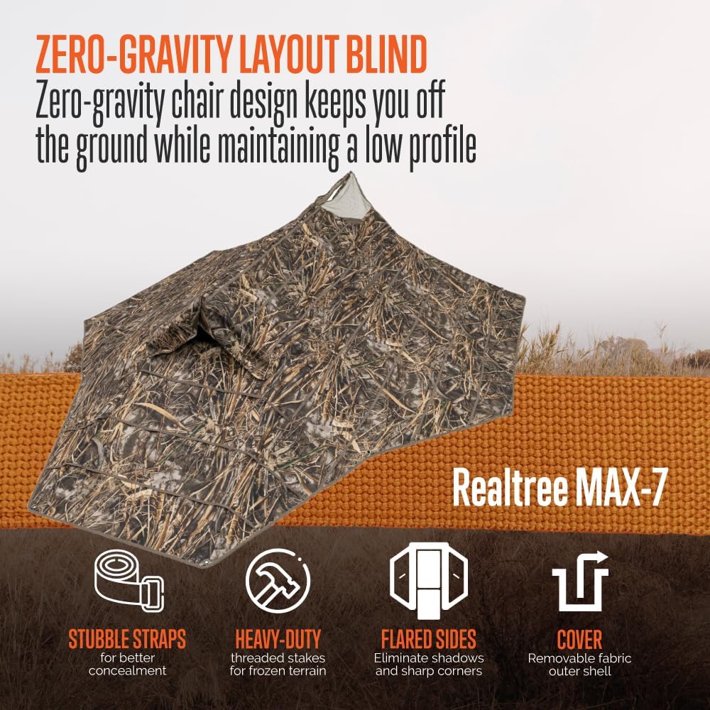 ALPS OutdoorZ Zero-Gravity Layout Blind - Advanced Hunting Blind, with Flared Fabric, Heavy-Duty Stakes, Padded Seat & Headrest, Gear Pockets, and Backpack Straps