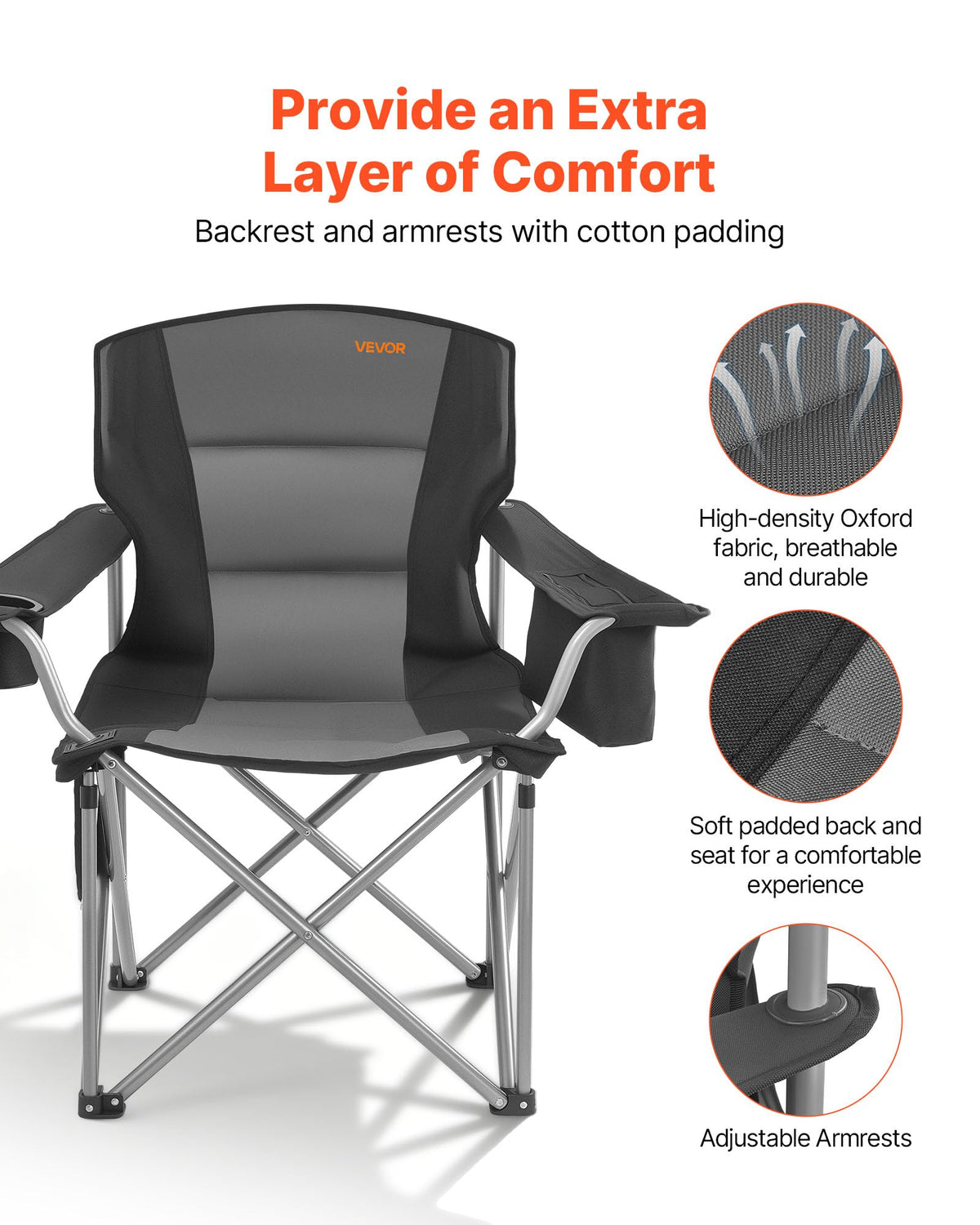 VEVOR Oversized Camping Folding Chair, Portable Heavy Duty Outdoor Quad Lumbar Back Padded with Side Pockets, Cup Holder and Cooler Bag for Beach, Lawn, Picnic, Fishing, Backpacking, Black
