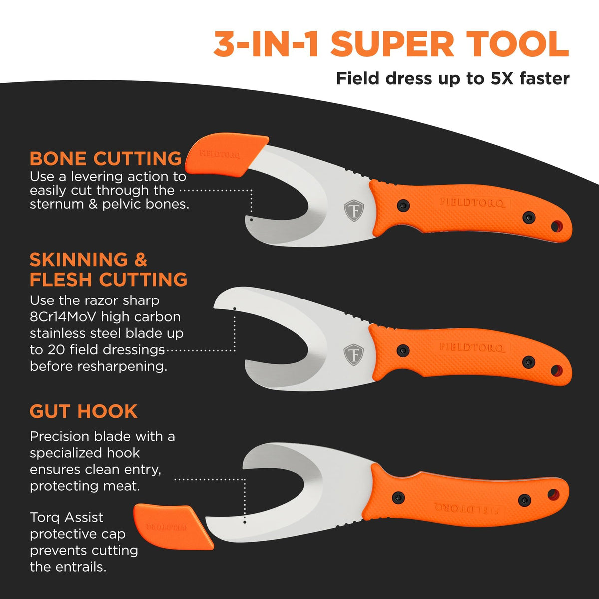 Field Dressing Kit | 3-in-1 Super Tool with Sheath & Sharpener | Gut Hook | Deer Hunting Knife Set | Pakkawood | Men's Hunting Gift Accessory