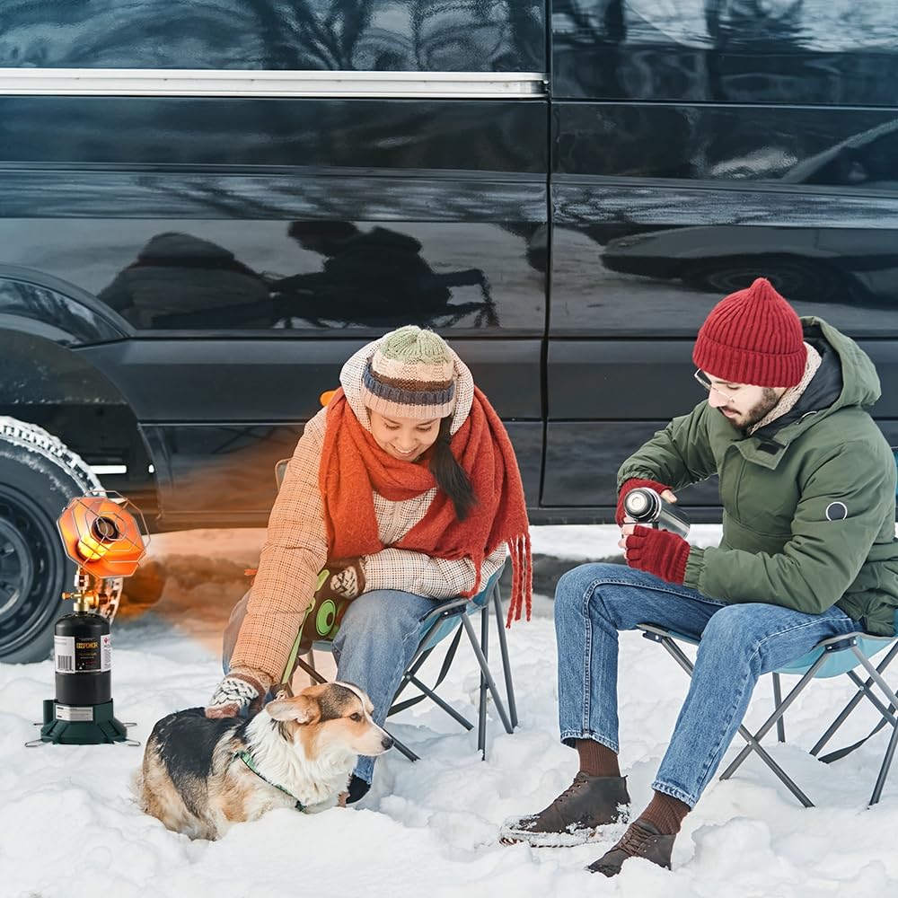 Portable Outdoor Heater with 8FT Hose, 9000 BTU Propane Heater Fuel by Butane/Propane, Self-Ignition, Tip-over&Low-Oxygen Safety Shutoff, Compact Camping&RV Heater for Tents, Hiking(Fuel not included)