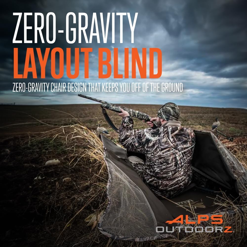ALPS OutdoorZ Zero-Gravity Layout Blind - Advanced Hunting Blind, with Flared Fabric, Heavy-Duty Stakes, Padded Seat & Headrest, Gear Pockets, and Backpack Straps