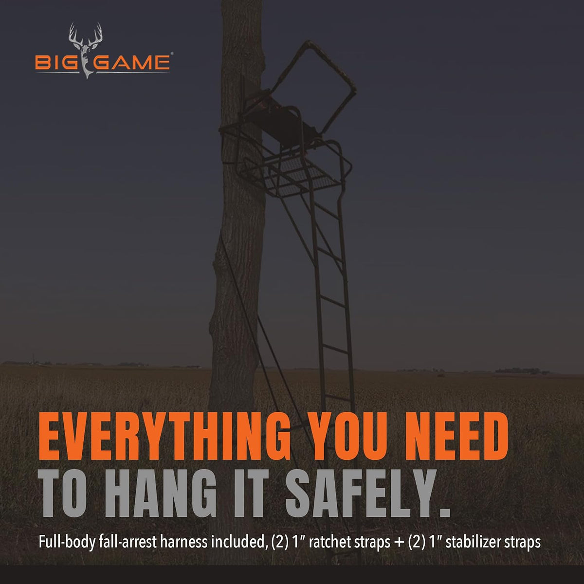 Big Game 1-Person Ladder Tree Stand for Hunting Deer with Seat, Hunter, 18' Tall, Black - Adjustable Climbing Treestand with Platform and Safety Harness for Shooting