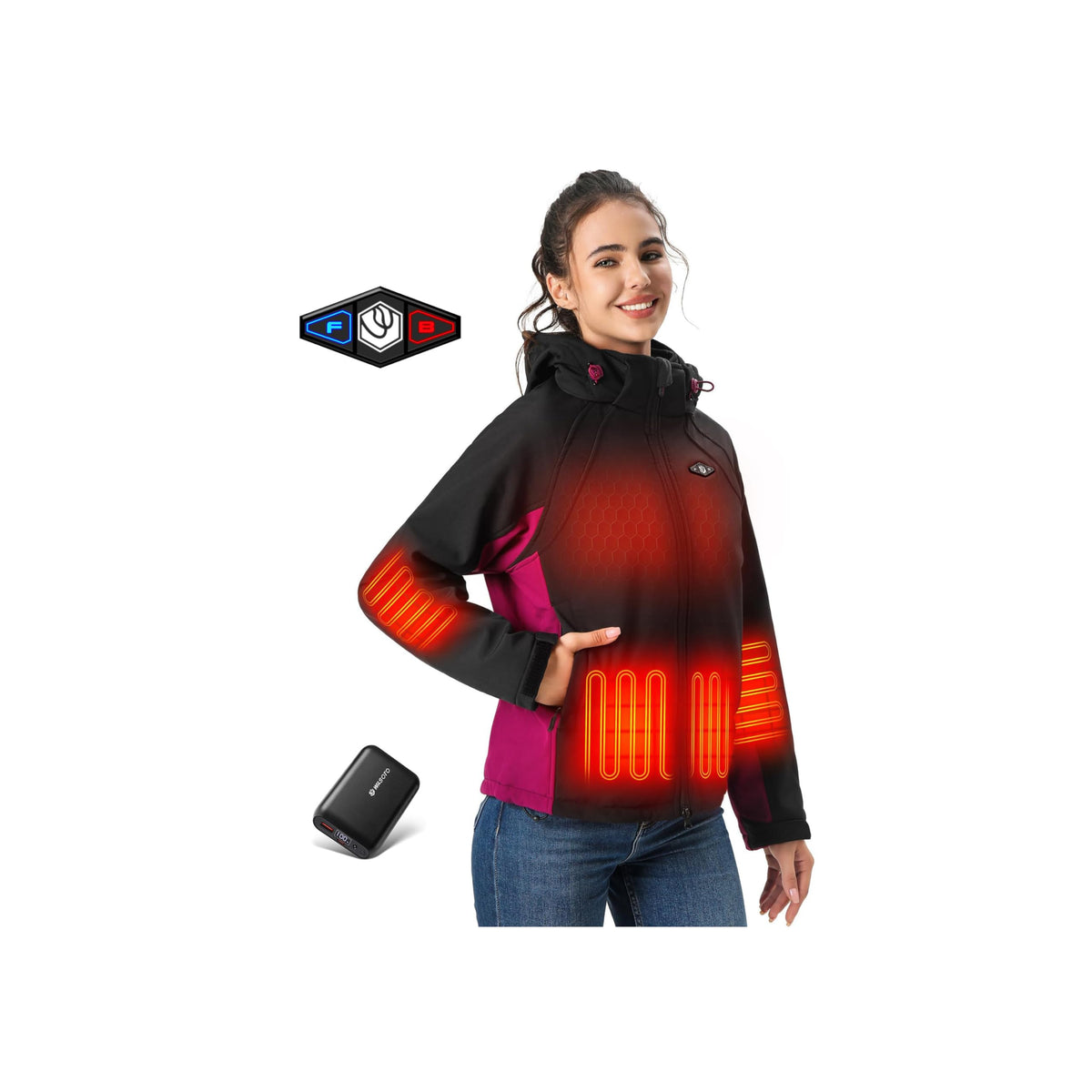 WASOTO Heated Jackets for Women 18400 mAh Battery Pack Water-Resistant Slim Fit with Detachable Hood Hiking Jackets