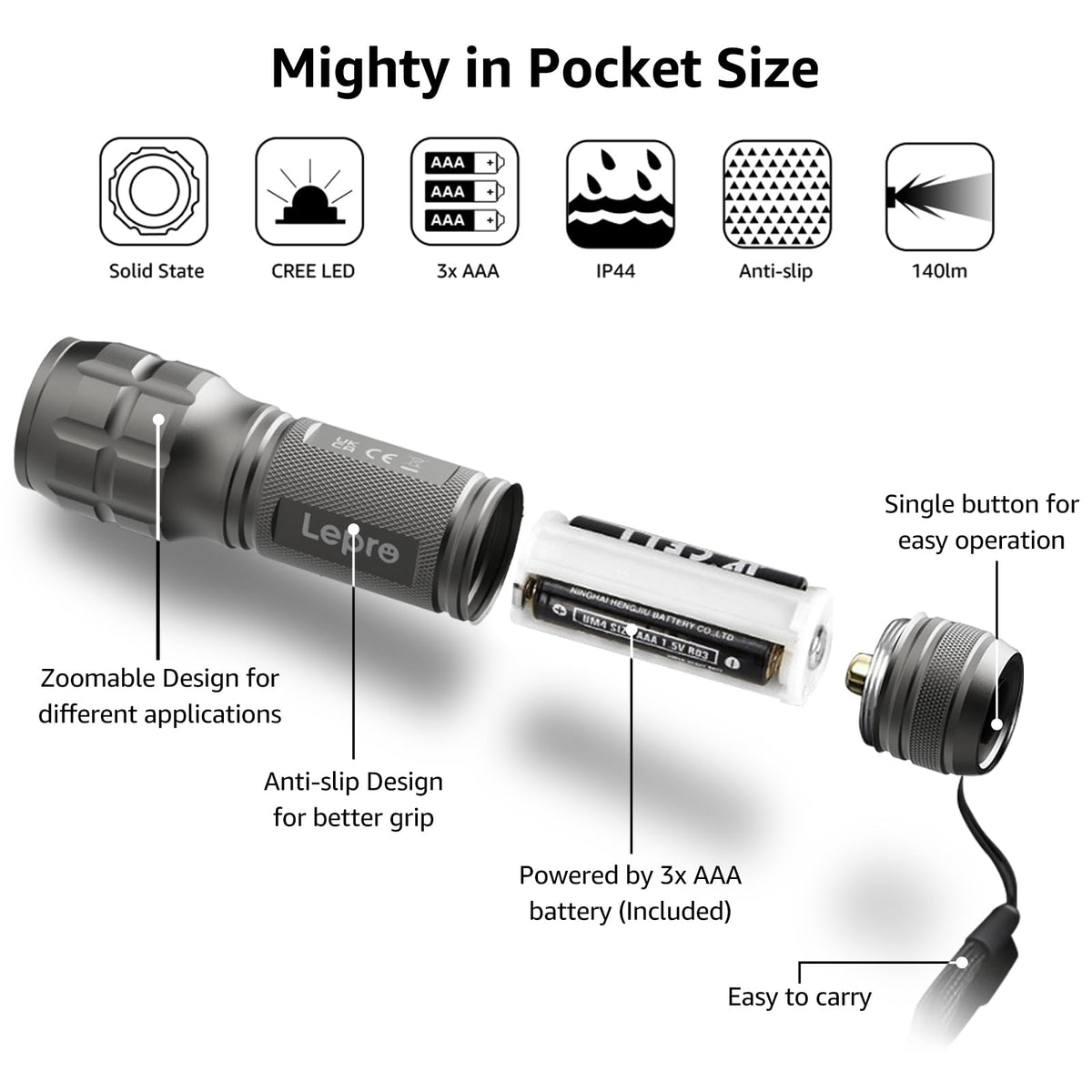 Lepro LED White Light Flashlight, High Lumens Waterproof Adjustable Focus