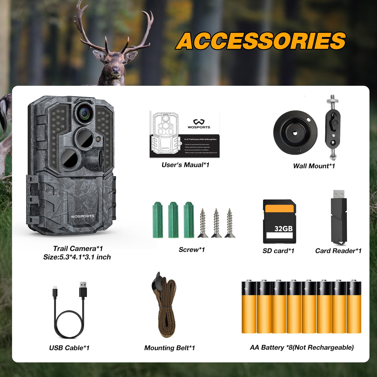 WOSPORTS Trail Camera(Non-Cellular Non-WiFi) 64MP 4K 0.2S Trigger Motion Activated,Game Camera with No-Glow Night Vision 2.0''LCD 120°Wide for Outdoor Scouting Wildlife Monitoring Home Security