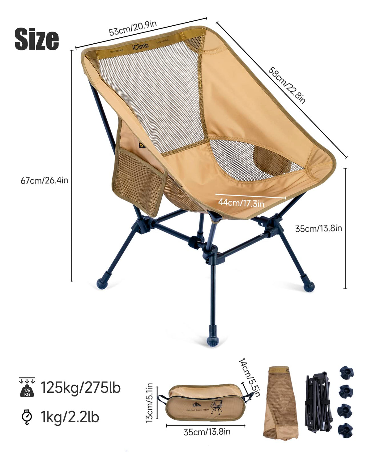 iClimb Ultralight Compact Folding Anti-Sinking Chair, Black