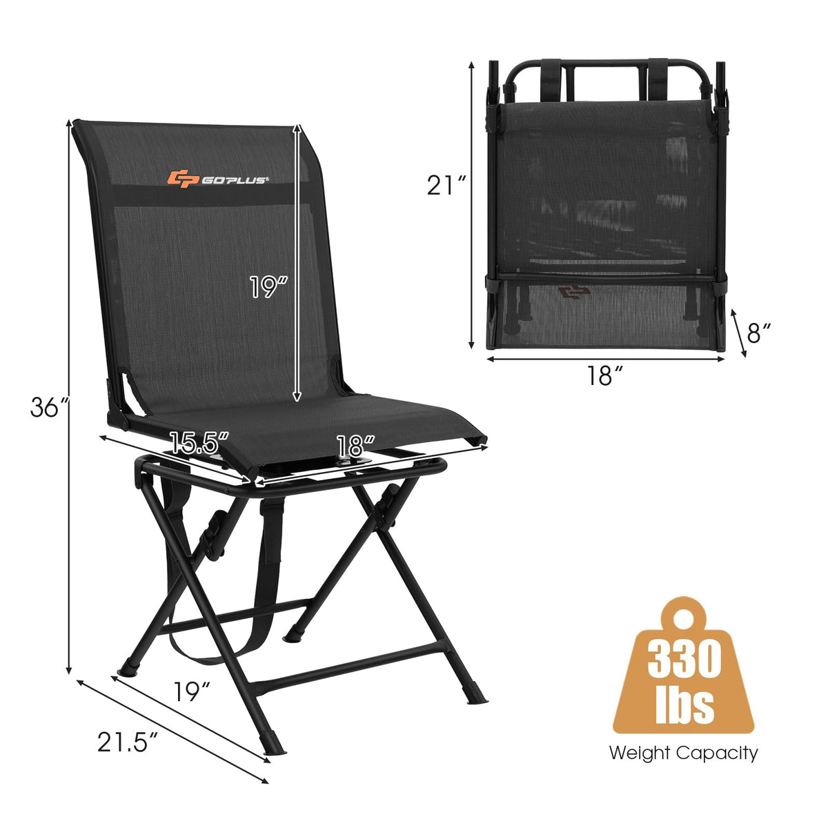 Goplus Hunting Chair, 360° Swivel Folding Hunting Blind Chair with Carrying Strap, 330LBS Capacity, Portable Deer Hunting Stool, Silent Ground Dove Hunting Chair, No Assembly