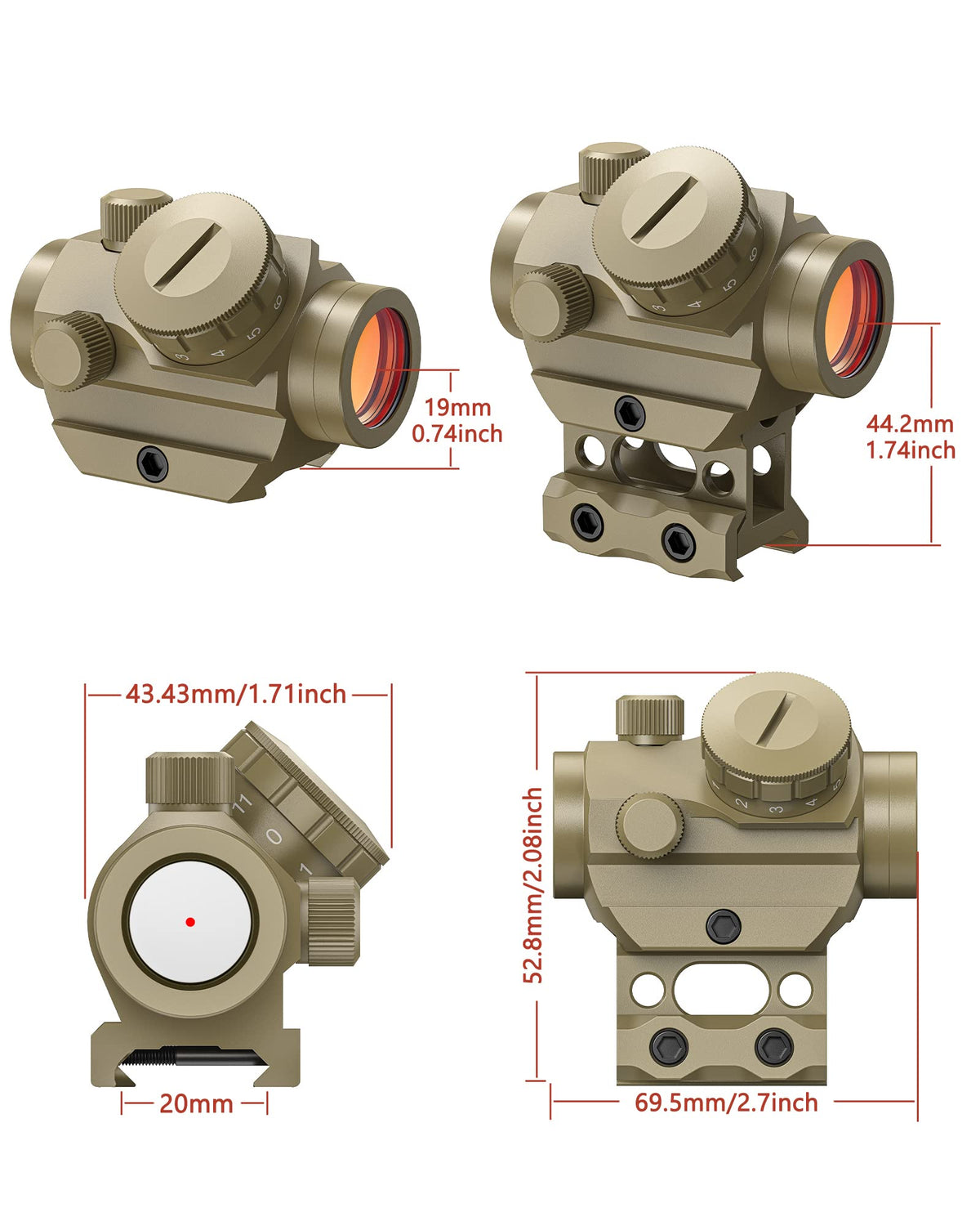 MidTen 2MOA Red Dot Sight 1x25mm Reflex Sight Waterproof & Shockproof & Fog-Proof Red Dot Scope with 1 inch Riser Mount