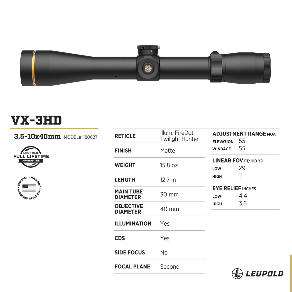 Leupold VX-3HD 3.5-10x40mm Riflescope
