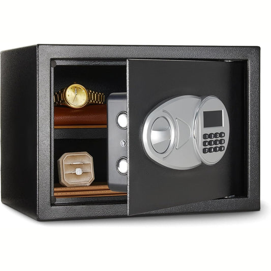 Amazon Basics Steel Security Safe and Lock Box with Electronic Keypad, Secure Documents Storage, Black, 0.5 Cubic Feet, 13.8"W x 9.8"D x 9.8"H, Removable Shelf