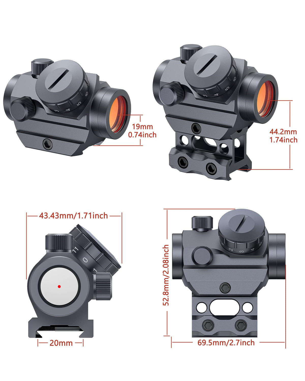 MidTen 2MOA Red Dot Sight 1x25mm Reflex Sight Waterproof & Shockproof & Fog-Proof Red Dot Scope with 1 inch Riser Mount