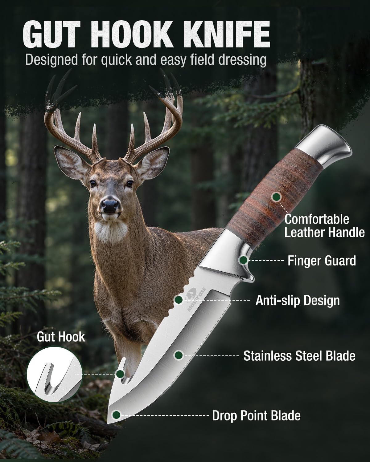 Mossy Oak Field Dressing Kit, 3PC Hunting Knife Set with Sheath