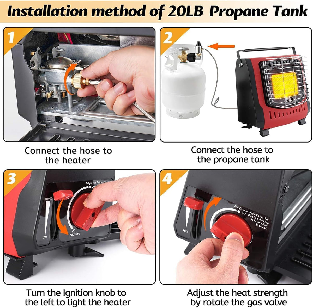 Portable Outdoor Heater with 8FT Hose, 9000 BTU Propane Heater Fuel by Butane/Propane, Self-Ignition, Tip-over&Low-Oxygen Safety Shutoff, Compact Camping&RV Heater for Tents, Hiking(Fuel not included)