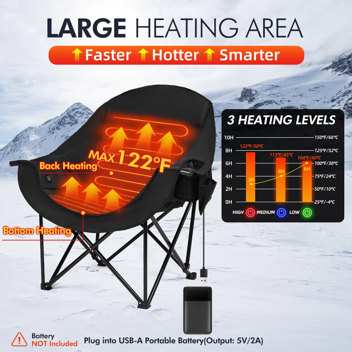 Heated Oversized Camping Chair - Heavy Duty Padded Comfy Warm Outdoor Chair