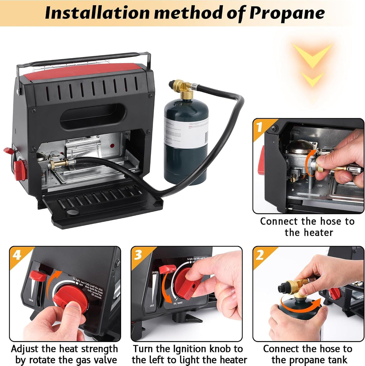 Portable Outdoor Heater with 8FT Hose, 9000 BTU Propane Heater Fuel by Butane/Propane, Self-Ignition, Tip-over&Low-Oxygen Safety Shutoff, Compact Camping&RV Heater for Tents, Hiking(Fuel not included)