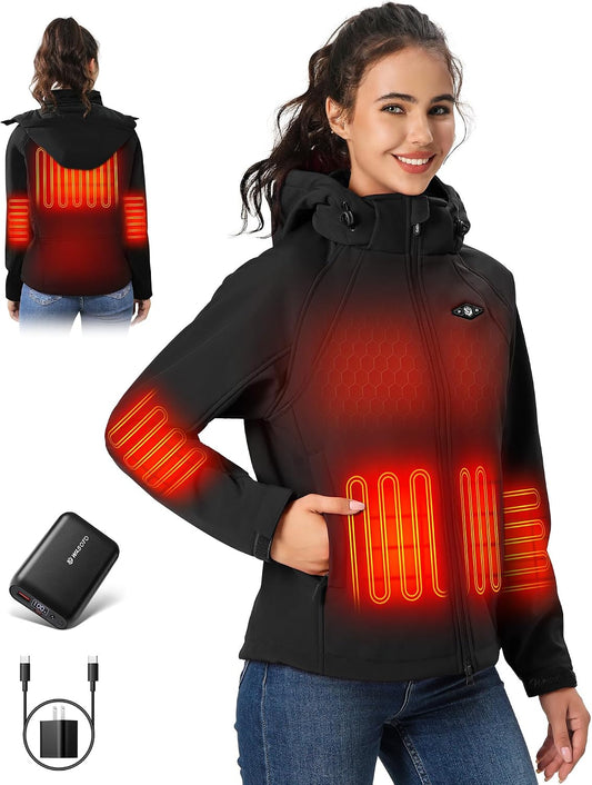 WASOTO Heated Jackets for Women 18400 mAh Battery Pack Water-Resistant Slim Fit with Detachable Hood Hiking Jackets