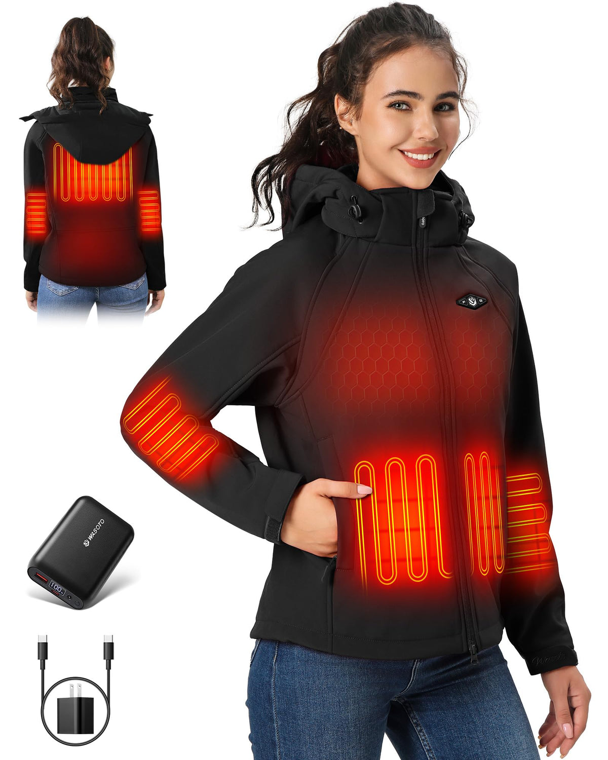 WASOTO Heated Jackets for Women 18400 mAh Battery Pack Water-Resistant Slim Fit with Detachable Hood Hiking Jackets