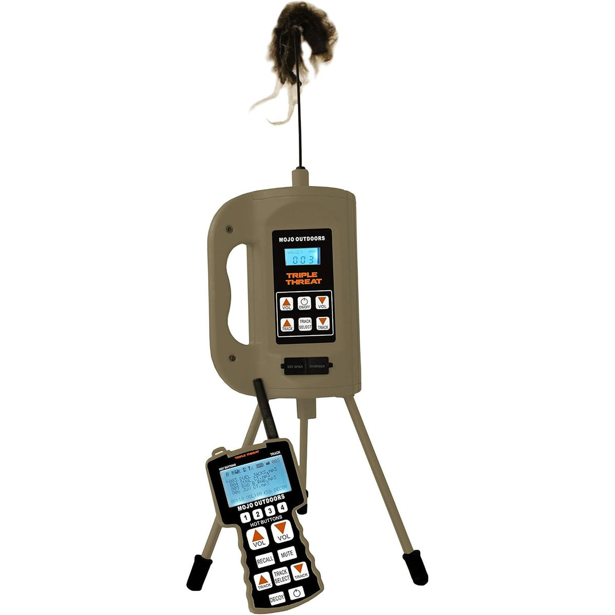 MOJO Outdoors Triple Threat E-Caller Predator Coyote Call Decoy 3-Part Complete Calling System for Successful Predator Hunting, Includes Remote, Critter Decoy and Comes Loaded with 80 Proven Sounds