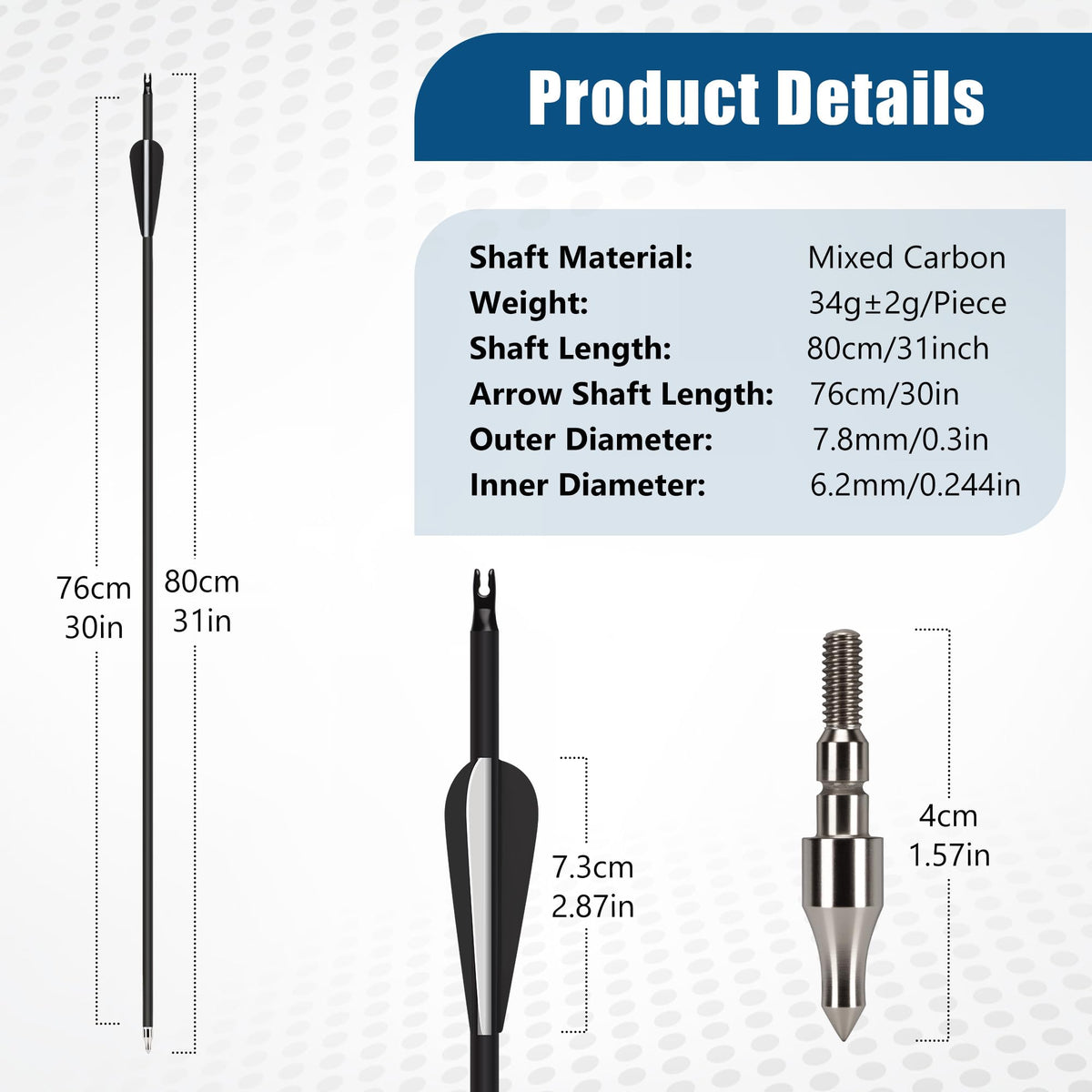 14 Pack 30" Archery Carbon Arrows,Practice Hunting Arrow with Removable Tips Shaft Spine 500 Suitable for Recurve Bows
