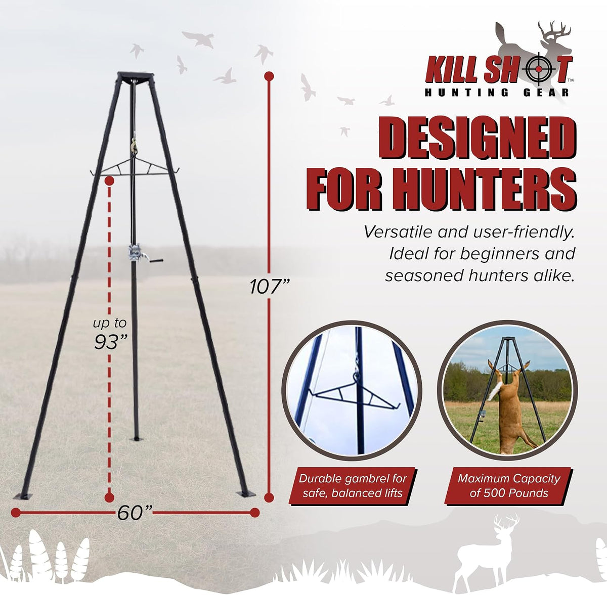 Kill Shot 9' Steel Tripod Game Hoist with Gambrel & 500 lbs. Capacity for Skinning, Cleaning or Moving Game, 3-Point Design for Quick Setup, Black
