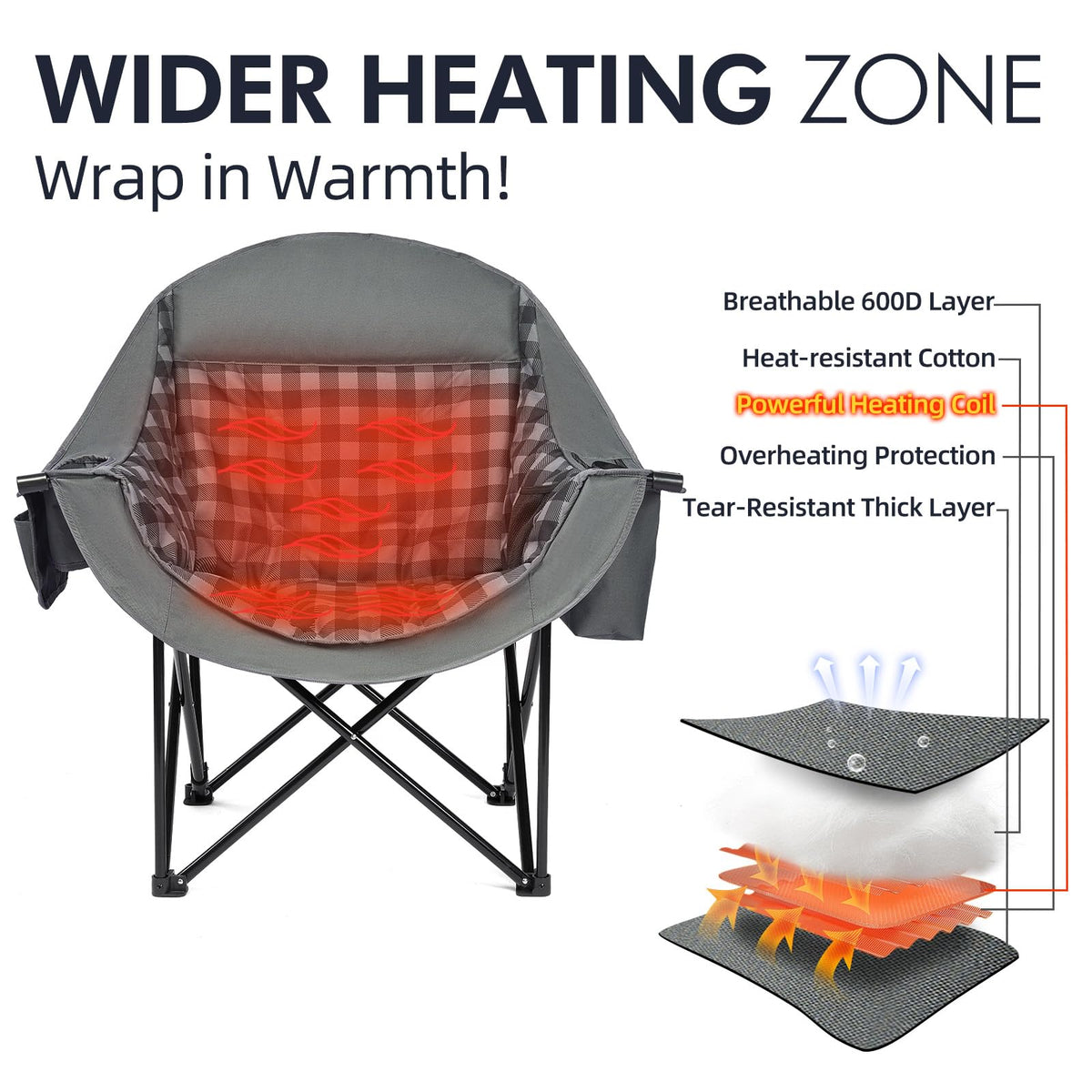 Heated Oversized Camping Chair - Heavy Duty Padded Comfy Warm Outdoor Chair