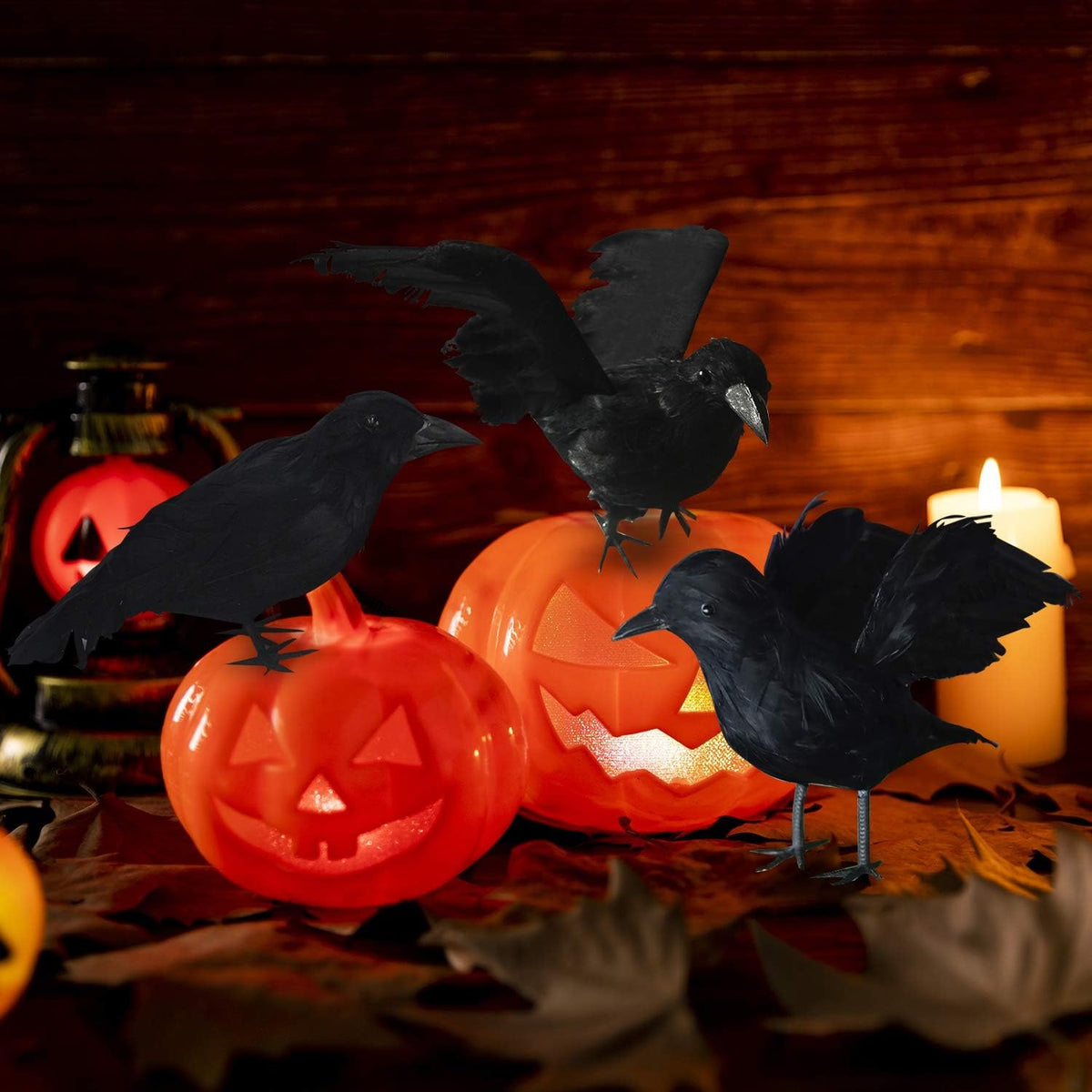 FUNPENY Halloween Black Feathered Crows, 3 Pack Black Crows with Real Feather Halloween Decoration for Indoor Outdoor
