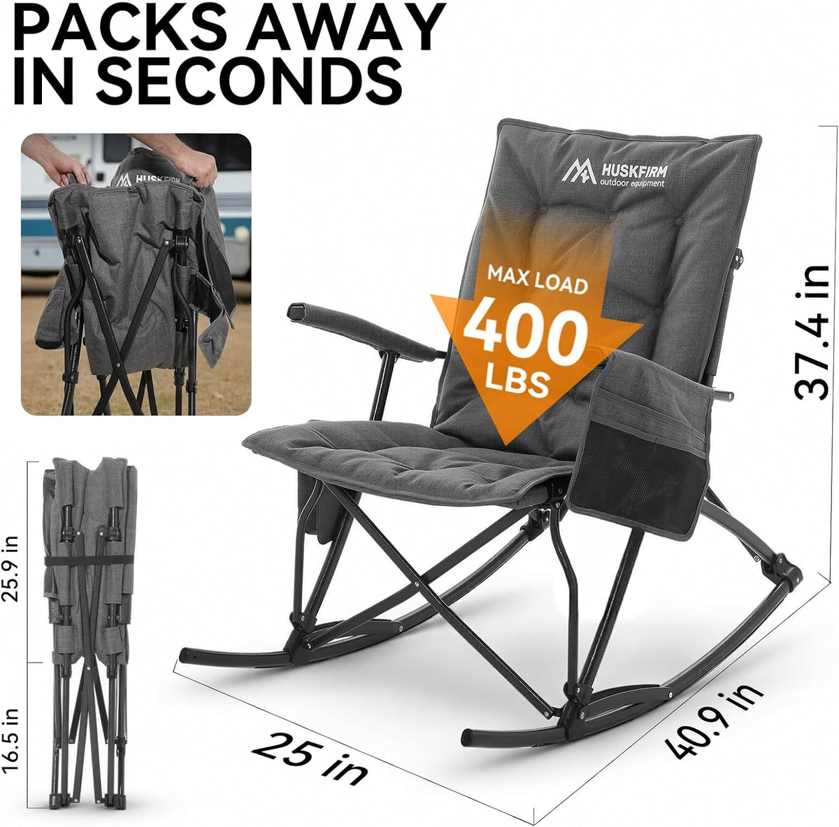 Oversized Folding Rocking Camping Chair, Heavy Duty Rocker Chair, Black