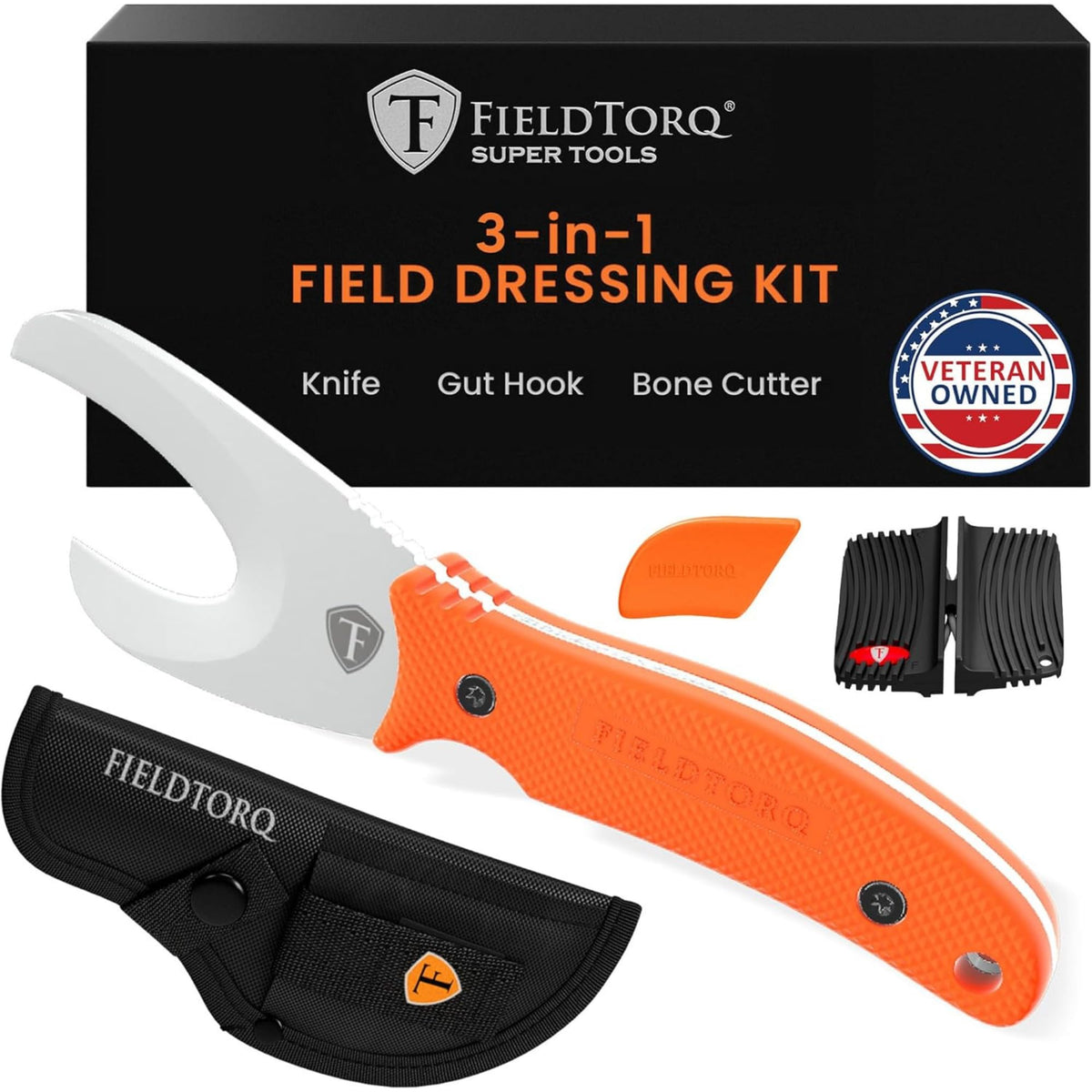 Field Dressing Kit | 3-in-1 Super Tool with Sheath & Sharpener | Gut Hook | Deer Hunting Knife Set | Pakkawood | Men's Hunting Gift Accessory