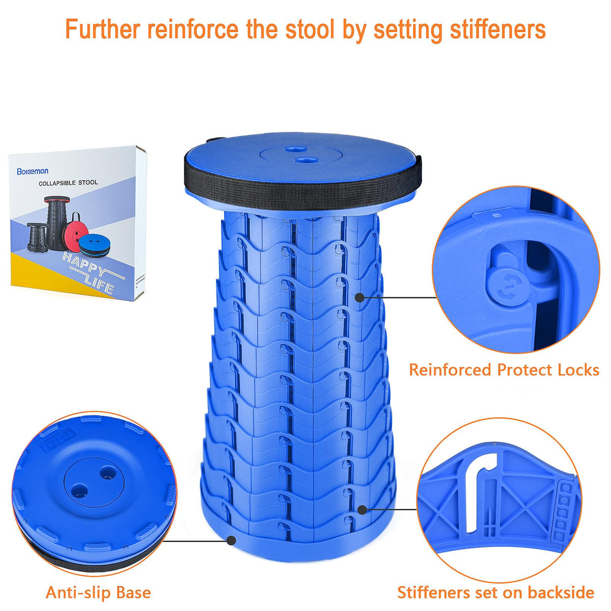 Boreeman Upgraded Folding Stool Lightweight Yet More Sturdy with Load Capacity 400lbs Portable Collapsible Stool for Camping Fishing Hiking BBQ (Blue)