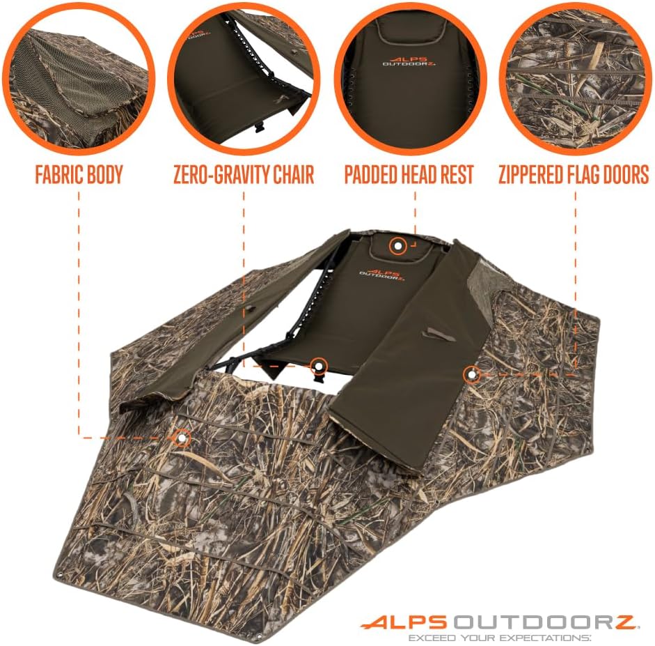 ALPS OutdoorZ Zero-Gravity Layout Blind - Advanced Hunting Blind, with Flared Fabric, Heavy-Duty Stakes, Padded Seat & Headrest, Gear Pockets, and Backpack Straps