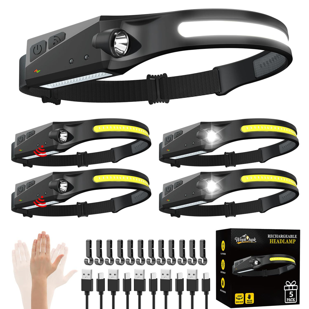 Rechargeable Headlamp 3PCS, 230° LED Head Lamp, Head Lights for Forehead