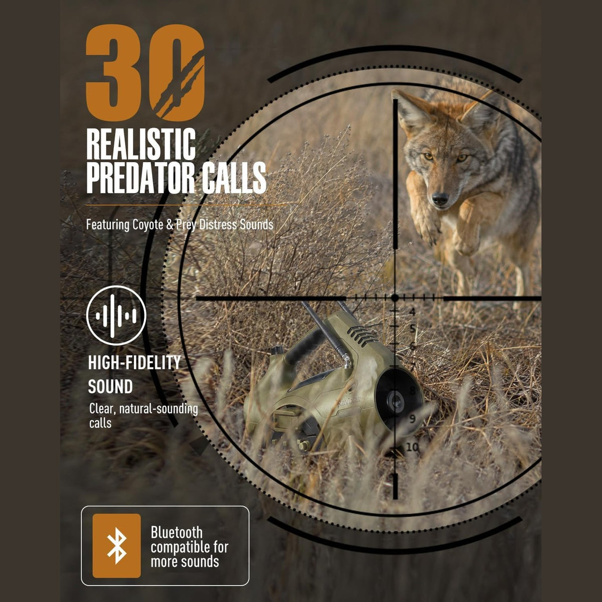 Electronic Predator Call, Coyote Call for Coyote, Fox, Bobcat, Raccoon Hunting - 400 Yard Remote Range, 30 Sounds, Bluetooth Compatible