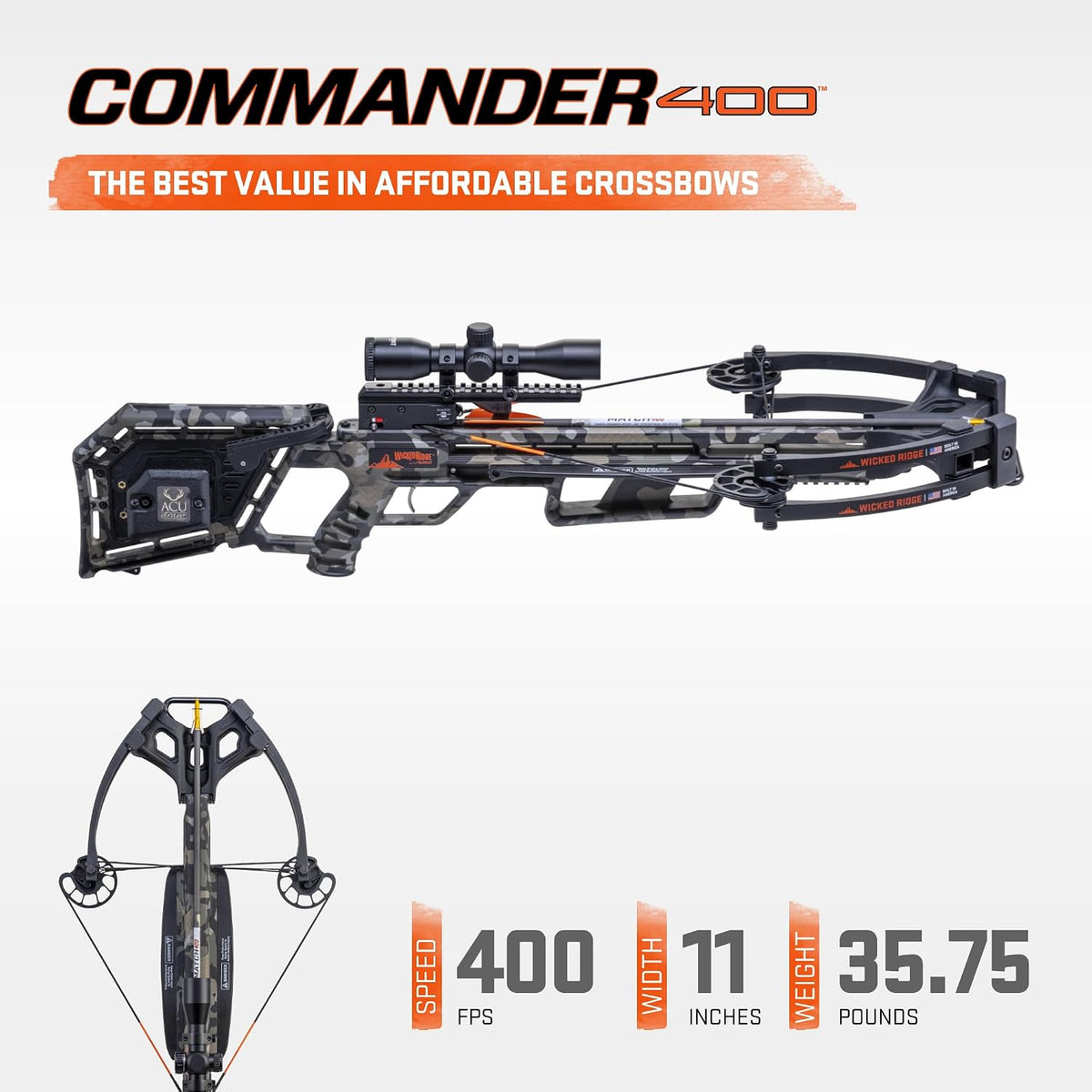 Wicked Ridge by TenPoint Commander 400, Peak XT - 400 FPS - Includes Pro-View 400 Lighted Scope, ACUdraw Crank Cocking Device & Three Match 400 Carbon Arrows